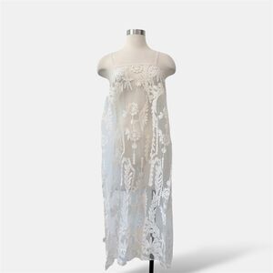 365 Off White Cream Sheer Lace Blouse Tank Long Beach Coverup Floral Boho Small
